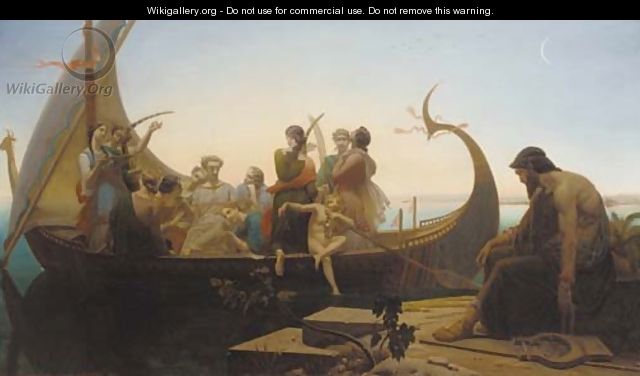 Greek mythological figures on a boat near a pier - Louis Marie Baader