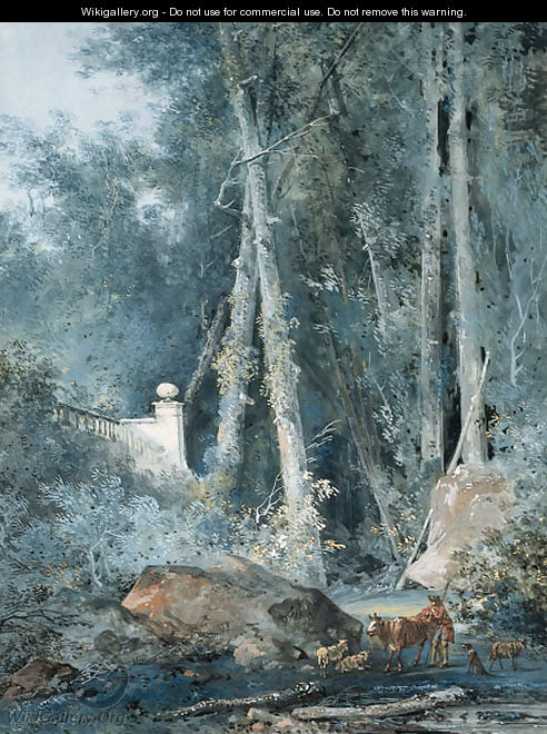 The walls of a garden at the edge of a forest with a piping farmer