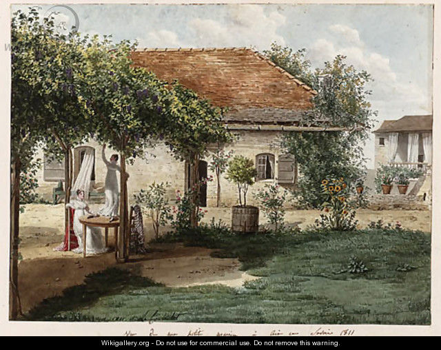 The garden of a small country house near Aix-les-Bains, with two ladies at a table under a pergola, one reaching for grapes - Louise Cochelet