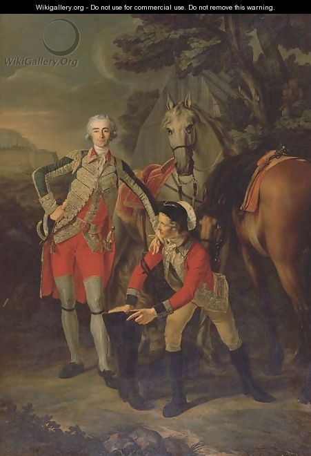 Portrait of Charles Grant, vicomte de Vaux, in uniform as a Lieutenant Colonel of the Garde du Roi, attended by his groom with their horses - Louis Rolland Trinquesse