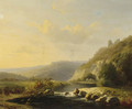 A extensive mountainous river landscape with a shepherd wading through a river - Louis Pierre Verwee