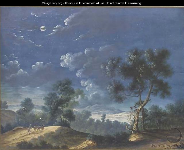 A moonlit landscape with a figure leading two cattle, a lake in the distance - Louis Nicolael van Blarenberghe