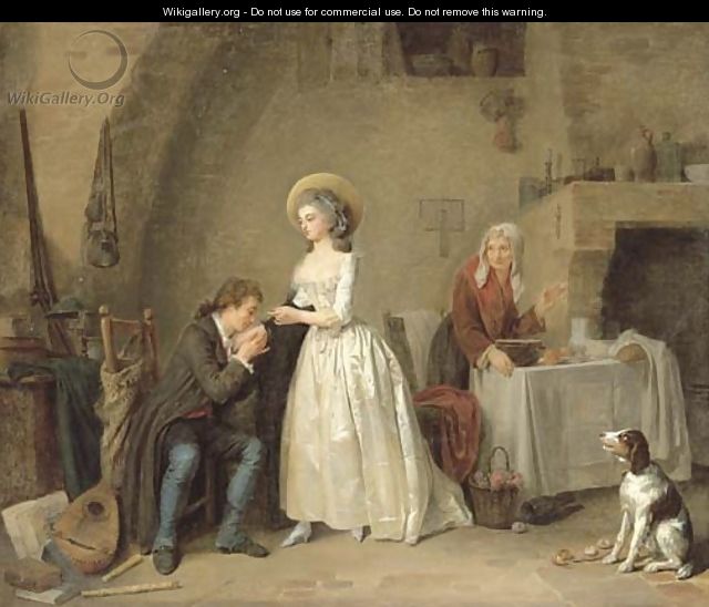An amorous couple in an interior with an old woman preparing a meal - Louis-Marc-Antoine Bilcoq