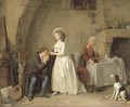 An amorous couple in an interior with an old woman preparing a meal - Louis-Marc-Antoine Bilcoq