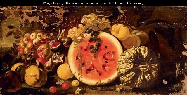 A watermelon and a melon, quince, peaches, crabapples, grapes and figs in a landscape - Luca Forte
