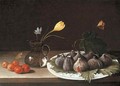 A vase with a crocus and a cyclamen, figs in a porcelain dish and crab apples on a stone ledge, with a butterfly - Luca Forte
