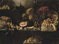 A basket of apples, calabashes, an upturned copper vessel, figs, melons, with other fruit on rocky ledges - Luca Forte