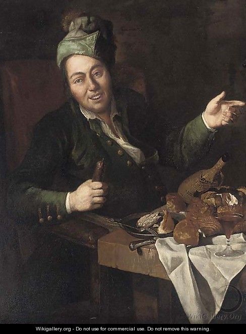 A man eating and drinking at a partly-draped table in an interior - Lombard School