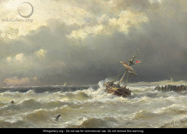 A sailing vessel caught in a storm off the coast - Lodewijk Johannes Kleyn