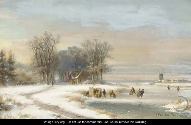 Skaters on the ice by a koek en zopie, a windmill in the distance - Lodewijk Johannes Kleijn