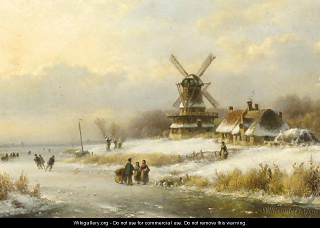 Skaters on a frozen waterway by a windmill - Lodewijk Johannes Kleijn