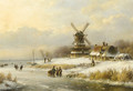 Skaters on a frozen waterway by a windmill - Lodewijk Johannes Kleijn