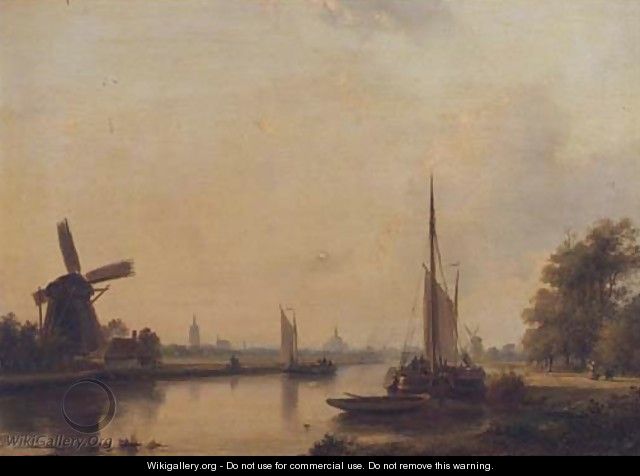 Moored vessels on the Vliet, The Hague beyond - Lodewijk Johannes Kleijn