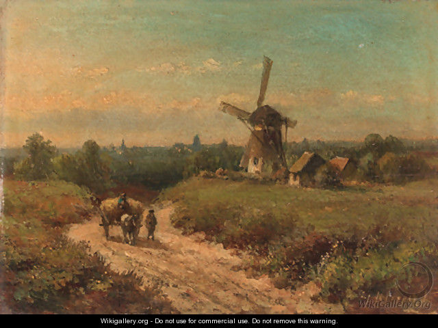 Harvesters on a sandy track by a windmill - Lodewijk Johannes Kleijn