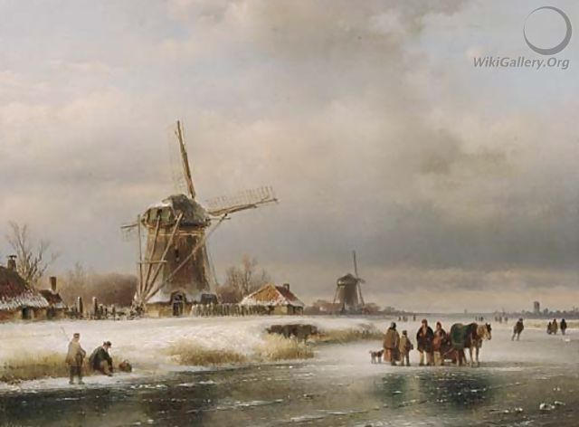 Figures on a frozen waterway with windmills on the river bank - Lodewijk Johannes Kleijn