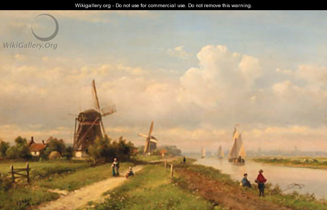 A panoramic summer landscape with fishermen along a canal - Lodewijk Johannes Kleijn