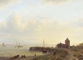 A panoramic river landscape with figures on an embankment and a town in the distance - Lodewijk Johannes Kleijn