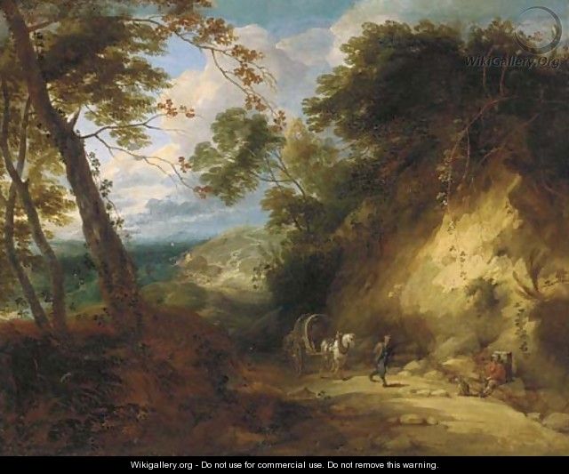 A wooded landscape with travellers on a path - Lodewijk De Vadder