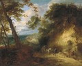 A wooded landscape with travellers on a path - Lodewijk De Vadder