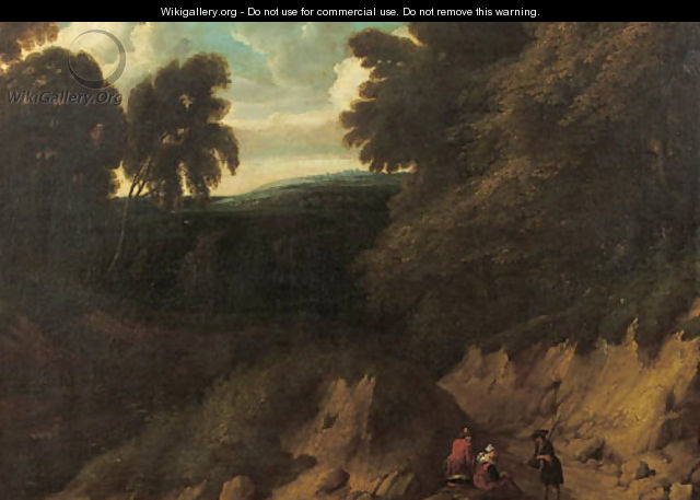 A sportsman conversing with travellers on a path at the edge of a wood - Lodewijk De Vadder