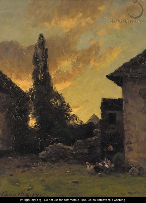 Poultry in a farmyard at sunset - Louis Alexandre Bouche