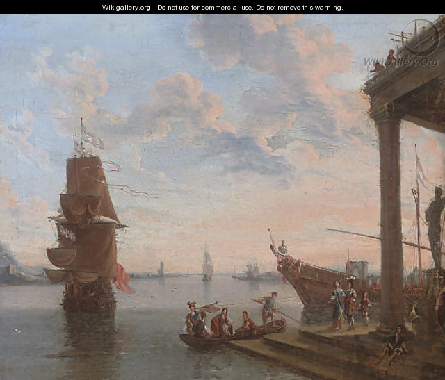 A capriccio of a Mediterranean harbour with elegant figures disembarking, shipping beyond - Lorenzo A. Castro