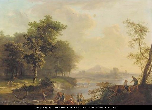 A Rhenish river landscape with peasants loading a barge - Louis Chalon