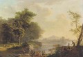 A Rhenish river landscape with peasants loading a barge - Louis Chalon