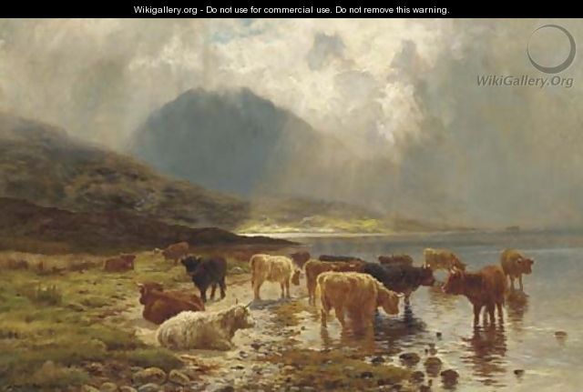 Highland cattle watering by a loch - Louis Bosworth Hurt