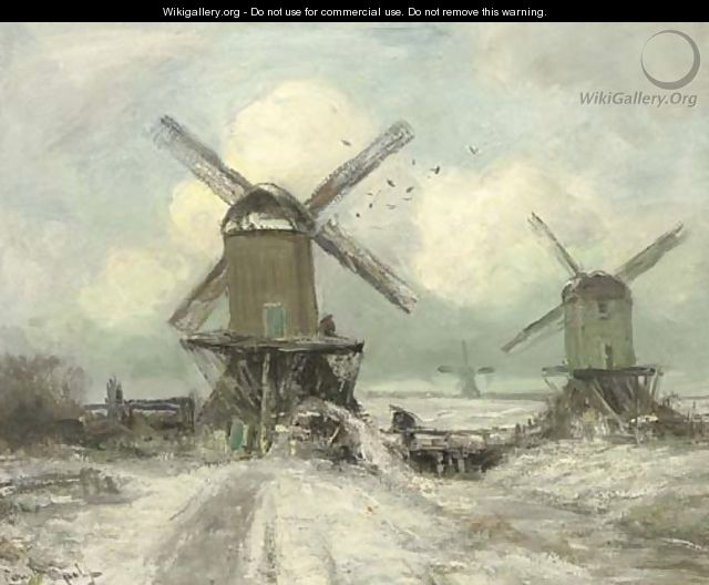Windmills in a snow covered polder landscape - Louis Apol