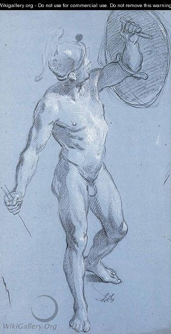 A nude wearing a helmet and holding up a shield - Louis the Younger Boullogne