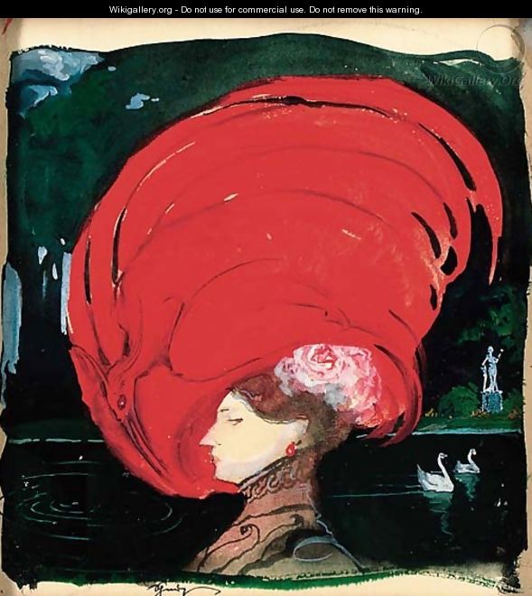 A lady in a large red hat - Leon Schnug