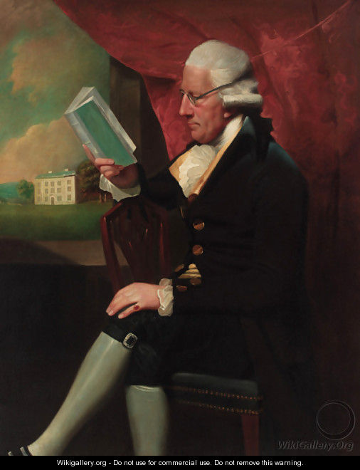 Portrait of Edward Cotsford, seated three-quarter-length, in a dark brown jacket and breeches, holding a book by a window - Lemuel-Francis Abbott