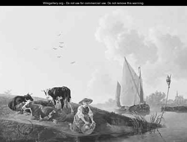 A milkmaid filling a jug on a jetty - Leendert de Koningh