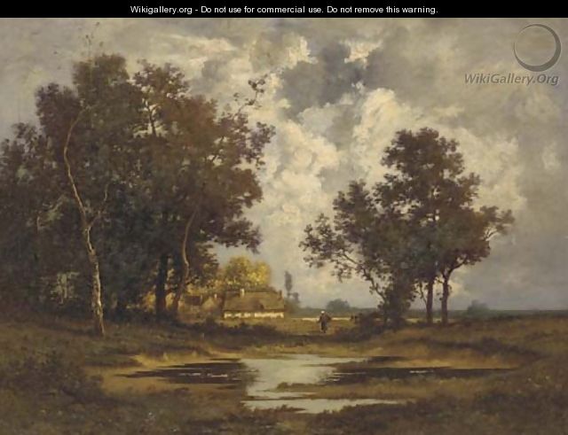 A Figure Walking by a Pond in a Forest - Leon Richet