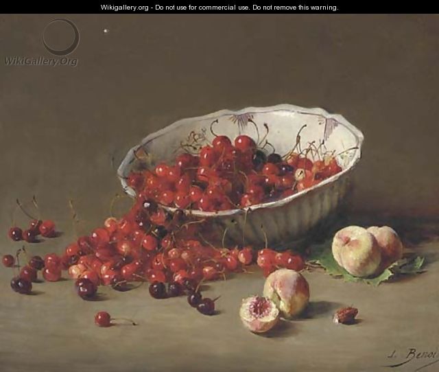 Peaches and cherries cascading from a French faience bowl - Leon-Alfred Benoit