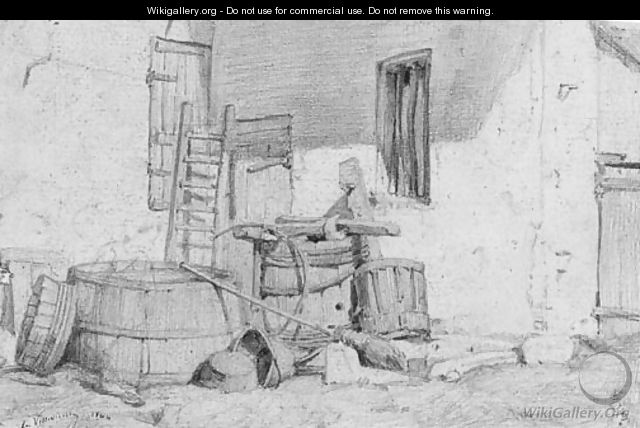 Barrels stacked in the angle of cottage wall - Leon Villevielle