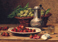 Plums In A Basket, Strawberries On A Plate, A Wine Glass, And A Pewter Jug On A Table - Leon Charles Huber