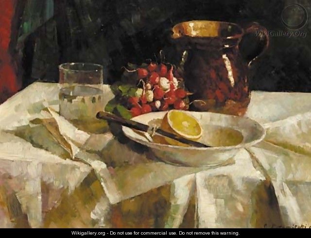 A still life with a jug, radishes, a lemon and a glass - Leonie Lutomirski-Bander