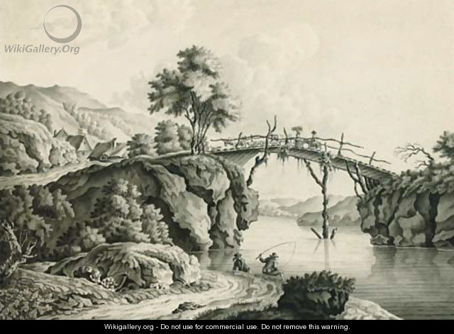 Herders with cattle crossing a bridge with anglers below; and Figures with a horse and cart crossing a bridge - Lieutenant Thomas Yates