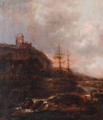 Boors on a riverbank near a waterfall, a ruined castle on a mountain beyond - Claes Molenaar (see Molenaer)