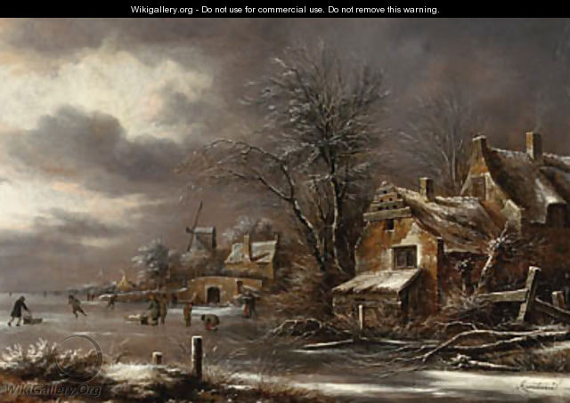 A winter landscape with skaters on a frozen river by a village - Claes Molenaar (see Molenaer)