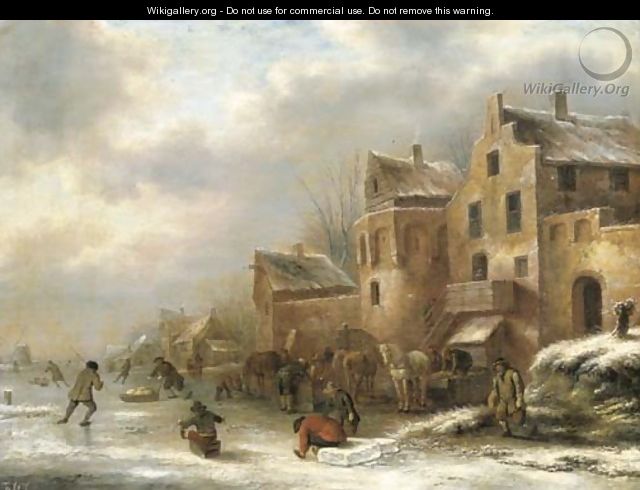 A winter landscape with skaters by a village - Claes Molenaar (see Molenaer)