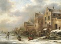 A winter landscape with skaters by a village - Claes Molenaar (see Molenaer)
