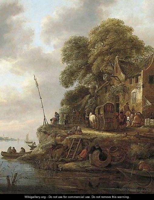 A river landscape with wagons and figures near an inn - Claes Molenaar (see Molenaer)