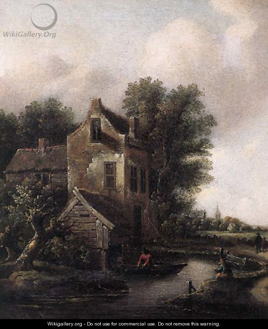 A fisherman in a rowing boat on a moat by a fortified mansion, peasants on a sandy track nearby - Claes Molenaar (see Molenaer)