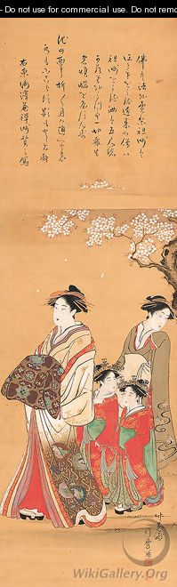 Courtesan and attendants parading under cherry blossoms - Kitagawa Yukimaro