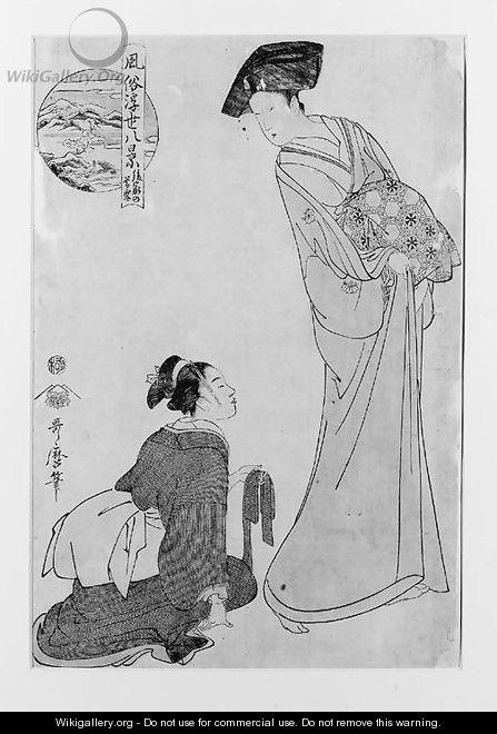 A print in sumi and slight colour depicting a shinzo kneeling before a standing courtesan offering a sash, signed Utamaro hitsu, seal of Tsutaya Jusab - Kitagawa Utamaro