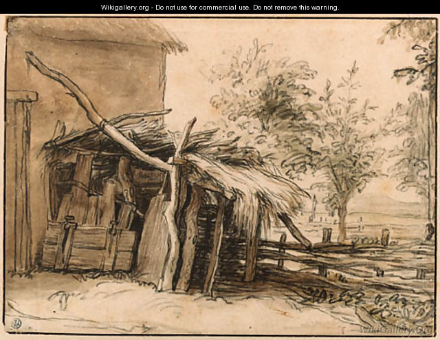 A ruined thatched Hut leaning against a Farm House, a landscape beyond - Lambert Doomer