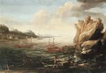 A Mediterranean coastal landscape with fishermen mooring their boats in the foreground and Levantine galleys beyond - Laureys A Castro